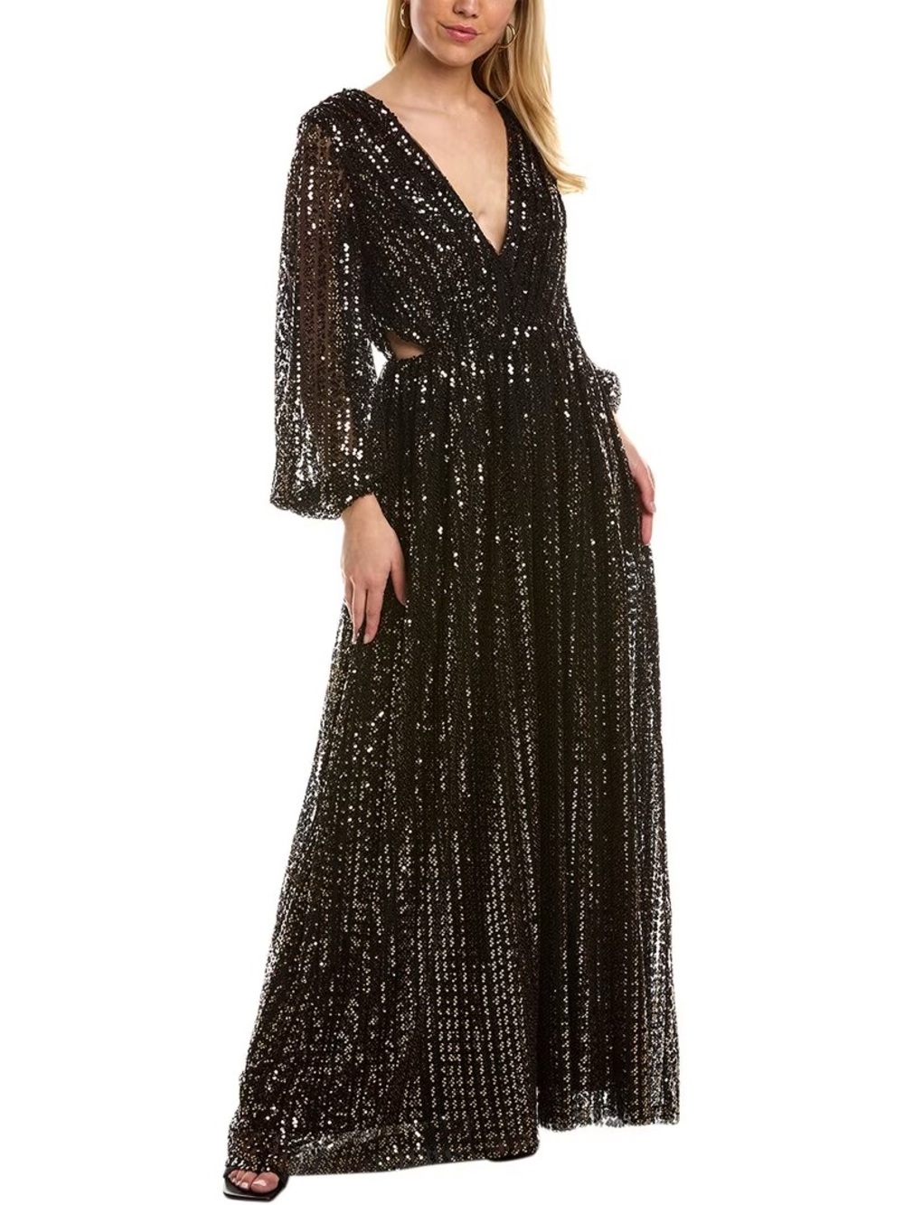 Halston Black and Gold Sequin Long Sleeve Gown